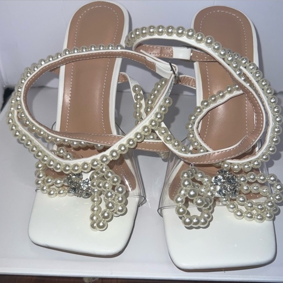 Yolkomo Women's Square Toe Heels Sexy Rhinestone Bow, Pearl Size 8.5… - Picture 2 of 6